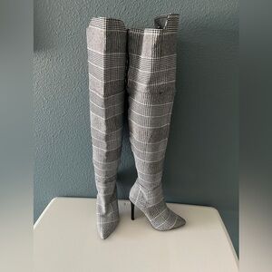 Olivia Miller Black and White Plaid Over the Knee Boots
